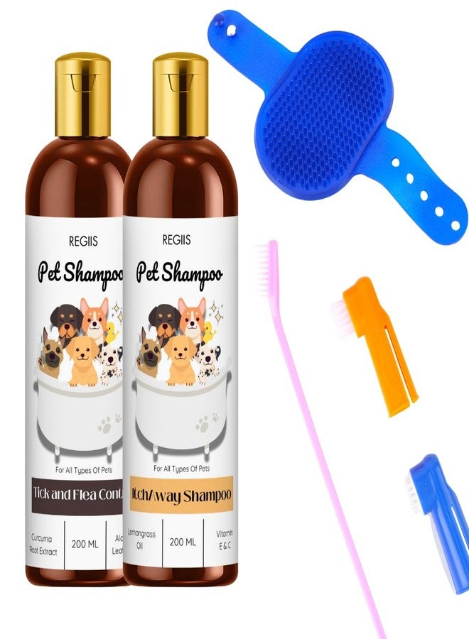 مجموعة شامبو الحيوانات الأليفة من ريجيس مع مكافحة القراد والبراغيث، تركيبة مناسبة للحكة، 200 مل لكل عبوة، عبوتان، مع أدوات العناية بالحيوانات الأليفة (عبوة من 4 قطع) - Image 1